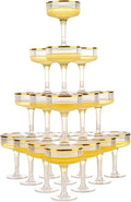 Goodluck 4-Tier Champagne Tower Glasses - 20 PCS 7oz Clear Plastic Champagne Flutes, Plastic Coupe Glasses with Vertical Stripes for Weddings, Celebrations, Parties & Birthdays(Gold Rim)