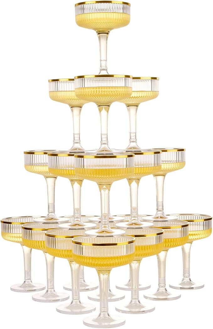 Goodluck 4-Tier Champagne Tower Glasses - 20 PCS 7oz Clear Plastic Champagne Flutes, Plastic Coupe Glasses with Vertical Stripes for Weddings, Celebrations, Parties & Birthdays(Gold Rim)