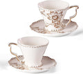 KAMMAK Tea Cups and Saucers Set of 2, 6.4oz Porcelain Coffee Cups, Ceramic Espresso Mugs for Coffee, Latte, Americano, Tea, Elegant Teacup and Saucers (YFH10)