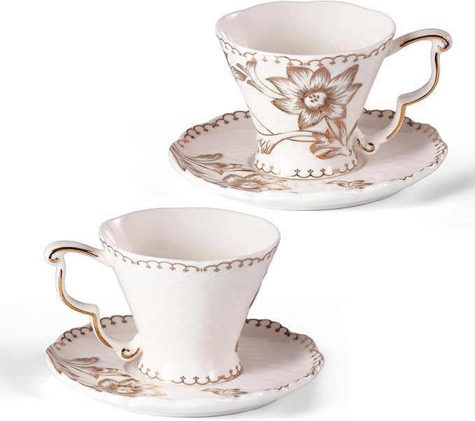 KAMMAK Tea Cups and Saucers Set of 2, 6.4oz Porcelain Coffee Cups, Ceramic Espresso Mugs for Coffee, Latte, Americano, Tea, Elegant Teacup and Saucers (YFH10)