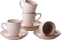 famiware Jupiter Espresso Cups and Saucers Set of 4, 3 oz Ceramic Small Coffee Mug with Handle, Spiral Stoneware Demitasse Cup for Tea, Latte, Cafe - Microwave & Dishwasher Safe, Light Pink