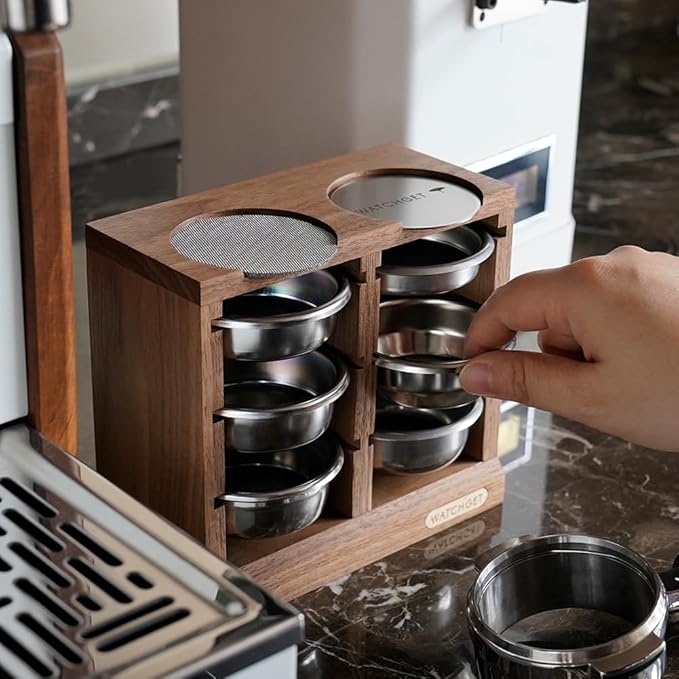 watchget Horizontal Espresso Portafilter Filter Basket Holder Rack - Wooden Precision Basket Storage Stand for 58mm Espresso Machines and 58mm Coffee Puck Screens
