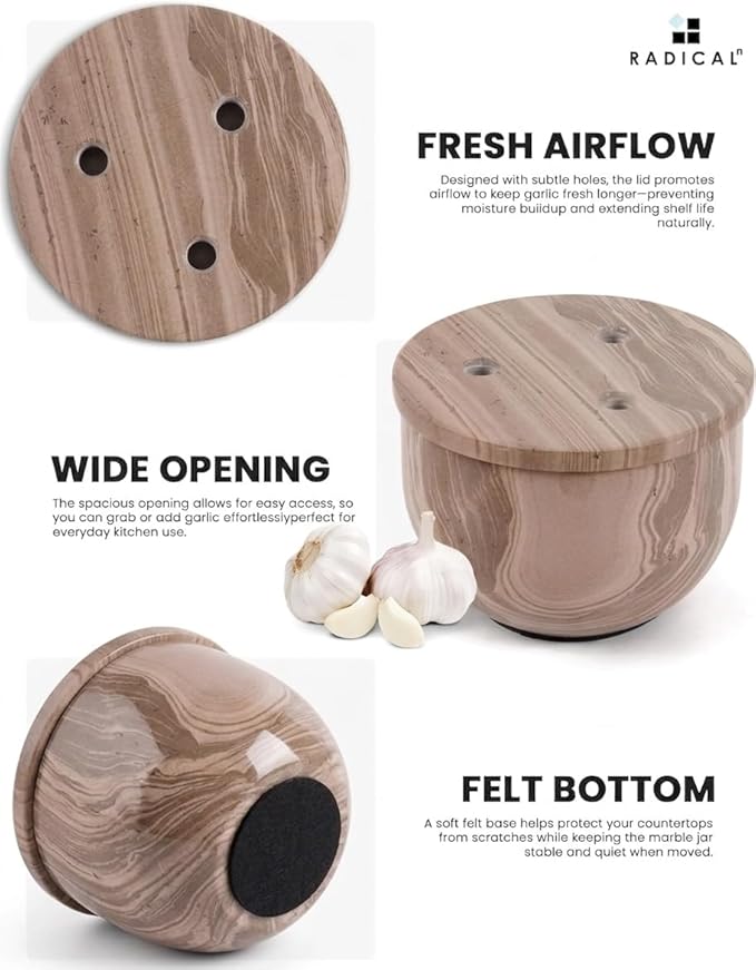 Radicaln Marble Garlic Keeper With Lid 4.5 Inch Natural Brown Handmade Garlic Storage and Garlics Container For Kitchen, Keep Fresh Garlic Cloves, Ideal Garlic Keeper for Counter