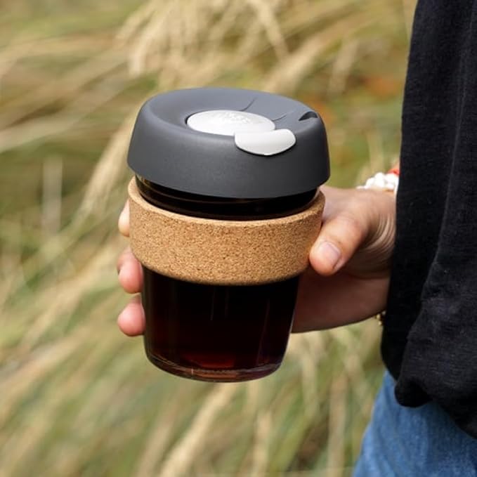 KeepCup Brew Cork, Reusable Glass Tumbler with Natural Cork, Tall Coffee Cup 12oz/340ml - Press