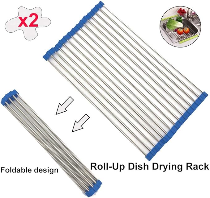 Rollable Dish Drying Rack Roll Up Foldable Dish Racks，Multipurpose Anti-Corrosion 304 Stainless Steel Over Sink Kitchen Sink Drainer Rack for Cups Fruits Vegetables(Blue,47 * 23cm)