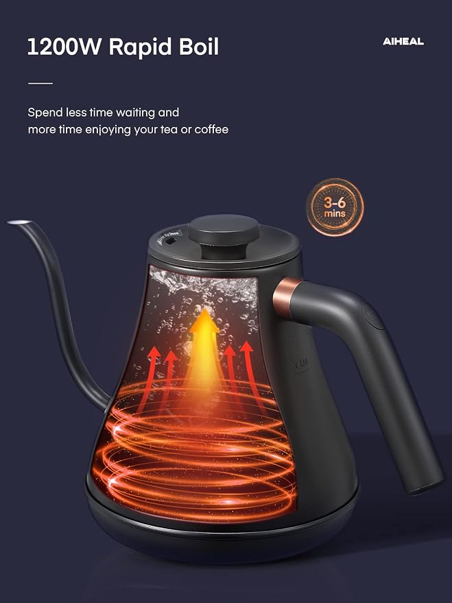 Electric Gooseneck Kettle Temperature Control, Pour Over Electric Kettle for Coffee and Tea, 100% Stainless Steel Inner, 1200W Rapid Heating, 0.8L, Built-in Stopwatch, Matte Black
