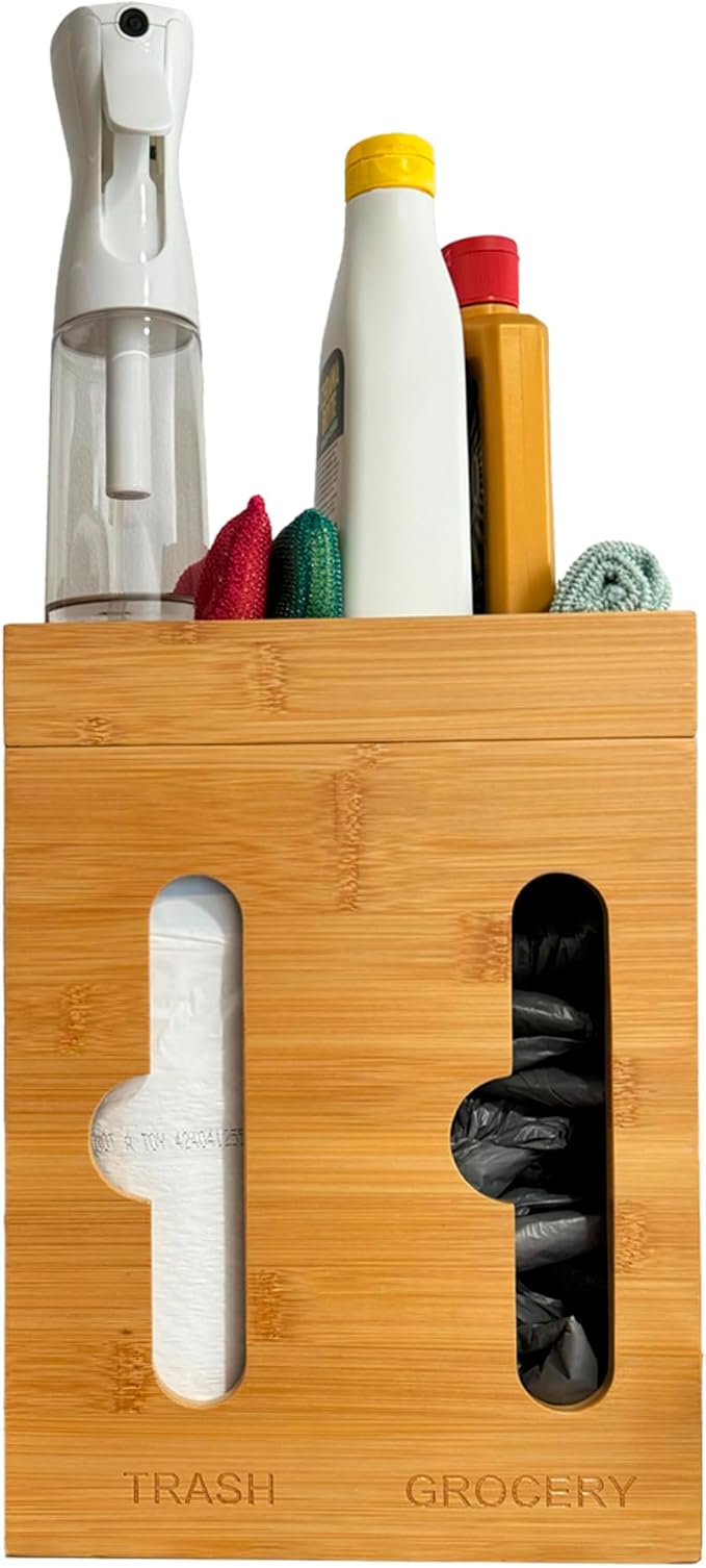 Under Sink Organizer for Kitchen Cabinet - Bamboo Trash Bag Dispenser & Bag Holder – Pantry Organizer & Garbage Roll Holder for Cleaning Supplies, Apartment Essentials & Home Organization