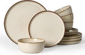 Famiware Milkyway Stoneware Dinnerware Set, 12-Piece, Double Reactive Glaze, Plates and Bowls, Service for 4, Microwave and Dishwasher Safe, Scratch-Resistant, Light khaki