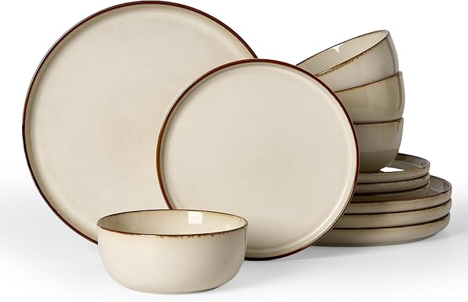 Famiware Milkyway Stoneware Dinnerware Set, 12-Piece, Double Reactive Glaze, Plates and Bowls, Service for 4, Microwave and Dishwasher Safe, Scratch-Resistant, Light khaki