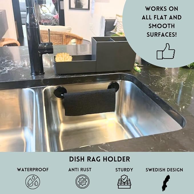 STEYDA Black Steel Dish Cloth Rail for Kitchen, Towel Holder for All Types of Sinks and Flat Smooth Surfaces
