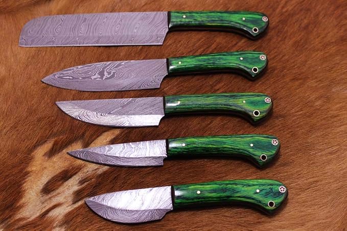 Custom Made Hand Forged Damascus Steel Full Tang Blade Kitchen Knife Set, Overall 40 inches Length of Damascus Sharp Knives (10.6+9.6+9.0+8.0+7.6) Inches, Leather Suede Sheath (2 Tone Green)