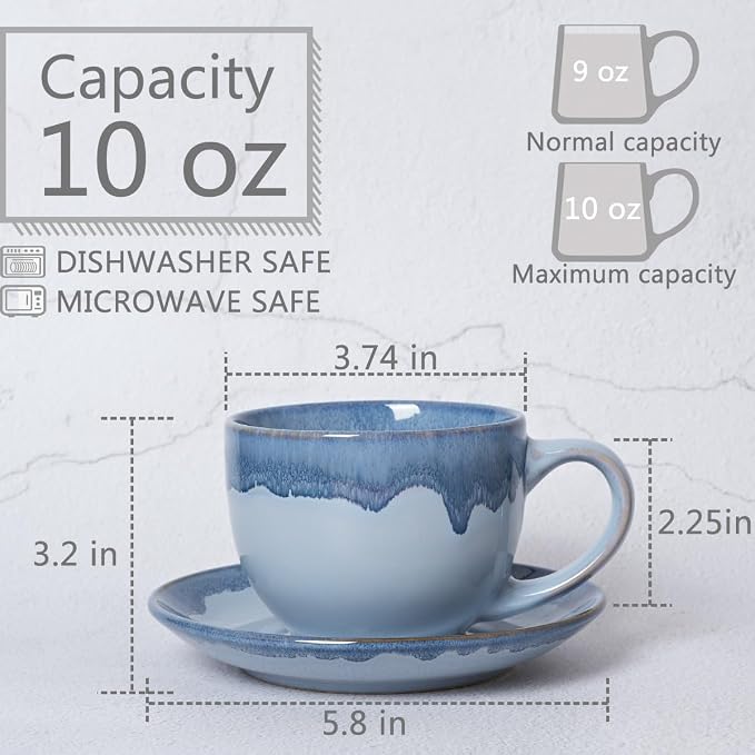 Bosmarlin Ceramic Cappuccino Cup and Saucer Set of 2, 10 Oz, Coffee Cups for Latte, Espresso, Tea, Dishwasher and Microwave Safe, Reavtive Glaze (Blue)