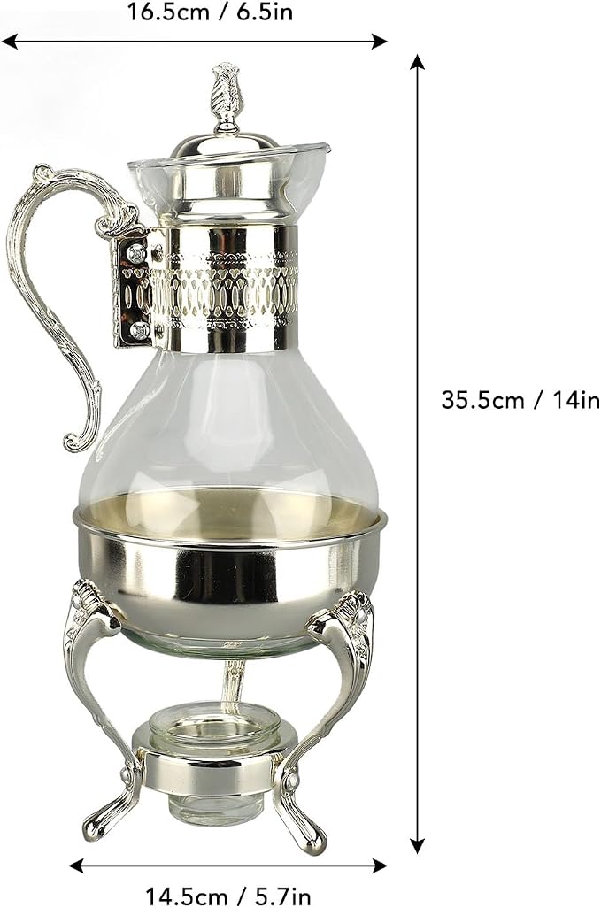 Glass Tea Pot with Warmer, 50 oz Vintage Espresso Kettle Heated Glass Coffee Pot with Handle, Heat Resistant Turkish Coffee Pitcher Teapot for Home Office Cafe Use (Silver)