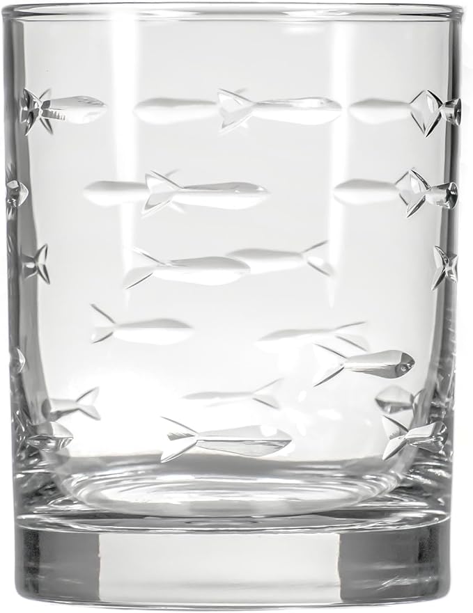 Rolf Glass School of Fish 13oz Double Old Fashioned Glass | Whiskey Glass Set of 4 | Lead-Free Glass | Engraved Tumbler Glasses | Designed and Engraved in the US