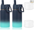 Volhoply 14oz KIds Water Bottle with Straw Lid and Silicone Boot Bulk 2 Pack,Stainless Steel Insulated Cups for Boys & Girls Multipack,Double Wall Vacuum Leakproof Bottles(Blue Green,2)