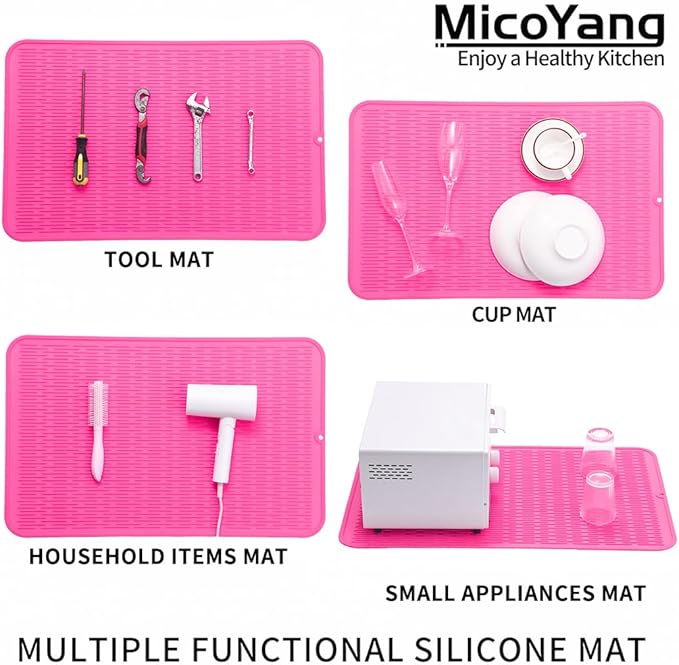 MicoYang Silicone Dish Drying Mat for Multiple Usage,Easy clean,Eco-friendly,Heat-resistant Silicone Mat for Kitchen Counter or Sink,Refrigerator or Drawer Liner Rose 3XL 28 inches x 18 inches