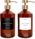 Homelistic Amber Glass Soap Dispenser Set with Champagne Gold Pump – 16oz Refillable Kitchen & Bathroom Soap Dispensers (2 Pack) Rust-Resistant Stainless Steel Pumps, 48 Labels