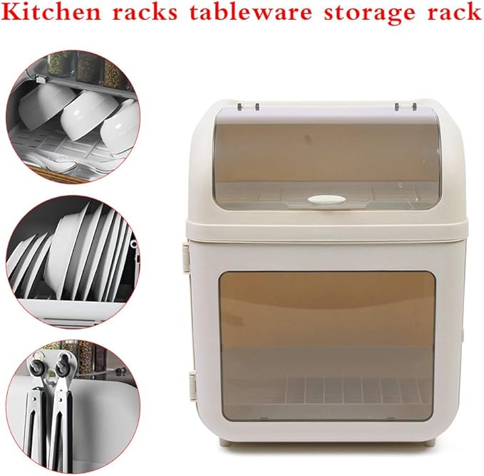 Covered Plastic Dish Drying Rack, Plastic Dustproof Drain Storage Box Basket Hold, Bottle Dryer Holder with Cover Lid and Removable Drainboard for Kitchen Counter, Dish Dryer Shelf