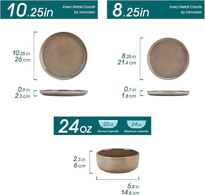 vancasso PLAYA Plates and Bowls Sets, 24 Pieces Dark Brown Dinnerware Sets for Kitchen, Reactive Glaze Dishes Set for 8, Dishwasher and Microwave Safe