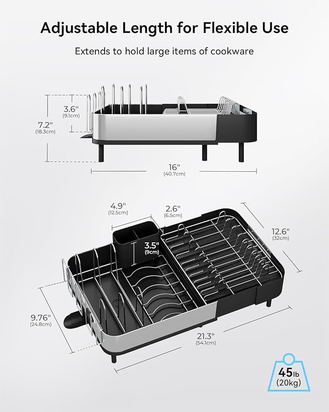 SUNLY Expandable Dish Drying Rack, Versatile Brackets for Pots & Pans, Space Saving Kitchen Drying Rack, Dish Racks for Kitchen Counter, Stainless Steel Dish Drainers with Extendable Spout, Black