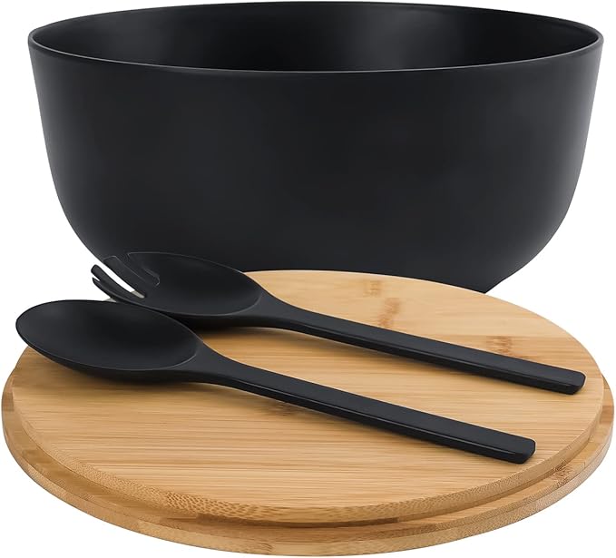 LOVYANXUE Bamboo Fiber Salad Bowl with Servers Set Large 9.8inches Nature Bamboo Mixing Bowl with Servers with Lid Spoon and Fork for Fruits,Salads and Vegetables