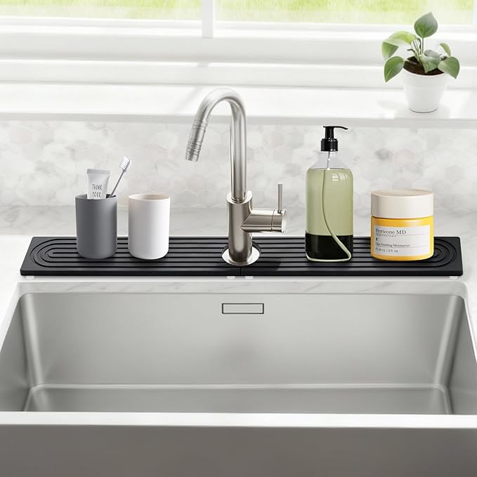 24 Inch Kitchen Sink Splash Guard, Sink Splash Guard Behind Faucet, Silicone Faucet Handle Drip Catcher Tray Mat for Kitchen, Bathroom Counter, Dark Gray, 23.6" x 4"