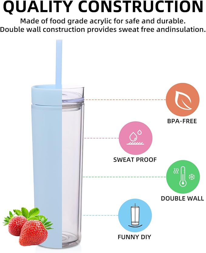 Volhoply 16oz Plastic Skinny Tumbler With Lid and Straw Bulk 4 Pack,Insulated Double Wall BPA Free Matte Acrylic Tumblers,Iced Coffee Travel Mug Reusable Party Cup,Customizable Diy Gifts(Blue,4 Set)