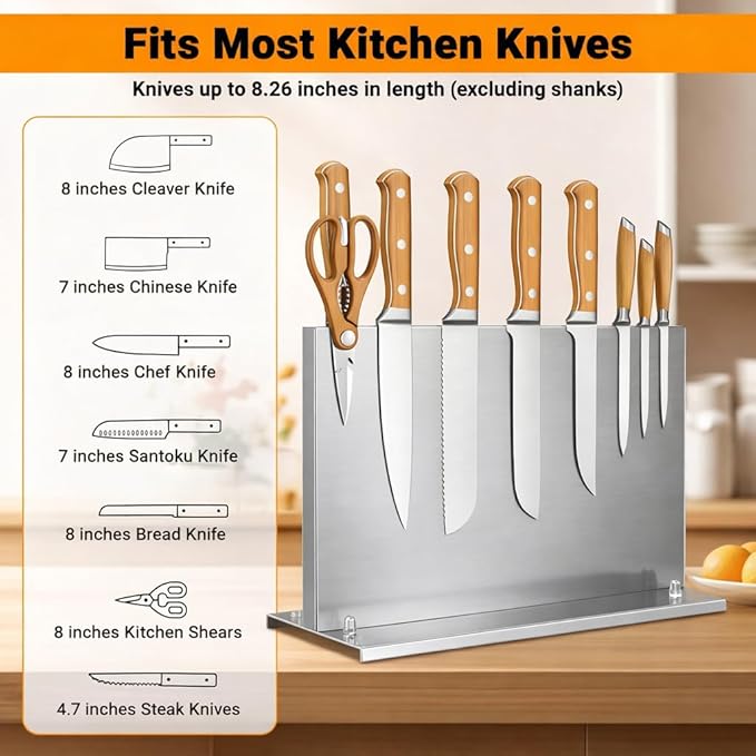 Magnetic Knife Block with Sharpener, Double-Sided Stainless Steel Magnetic Knife Holder with Suction Base, Kitchen Counter Knife Holder Stand, No-Drill Installation