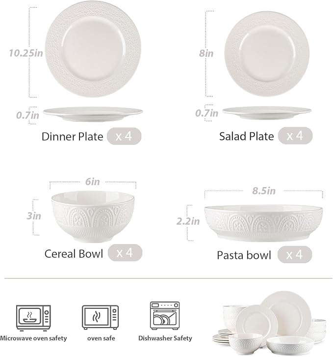 16-Piece Ceramic Dinnerware Set for 4, Athens Palace Relief Dishes and Plates Sets, Includes Deep Pasta Bowls, Plates and Bowls, Elegant High-Temperature Reinforced Porcelain, White