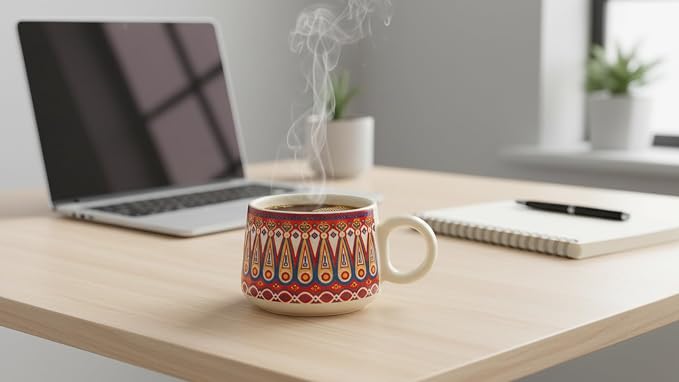 Handcrafted Set of 6 Ceramic Tea Cups 150 ML Elegant Porcelain Breakfast Coffee Mugs Boho Style For Cortado Cappuccino Espresso Kulhad Chai Microwave & Dishwasher Red Food Safe For Home Office Kitchen
