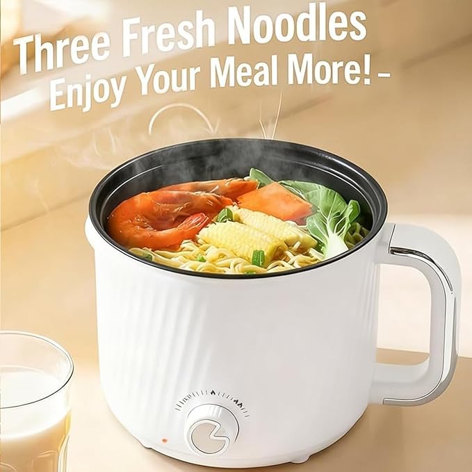 1.6L Electric Ramen Cooker Multicooker: Non-Stick Hot Pot for Instant Noodles Pasta Oatmeal Stews Soup Shabu-Shabu and Egg Dorm Cooking Includes Steamer Basket & Glass Lid Power Adjustment White