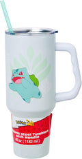 Silver Buffalo Pokémon Featuring Bulbasaur Double Walled Stainless Steel Tumbler with Handle and Straw, Fits in Standard Cup Holder, 40 Ounces
