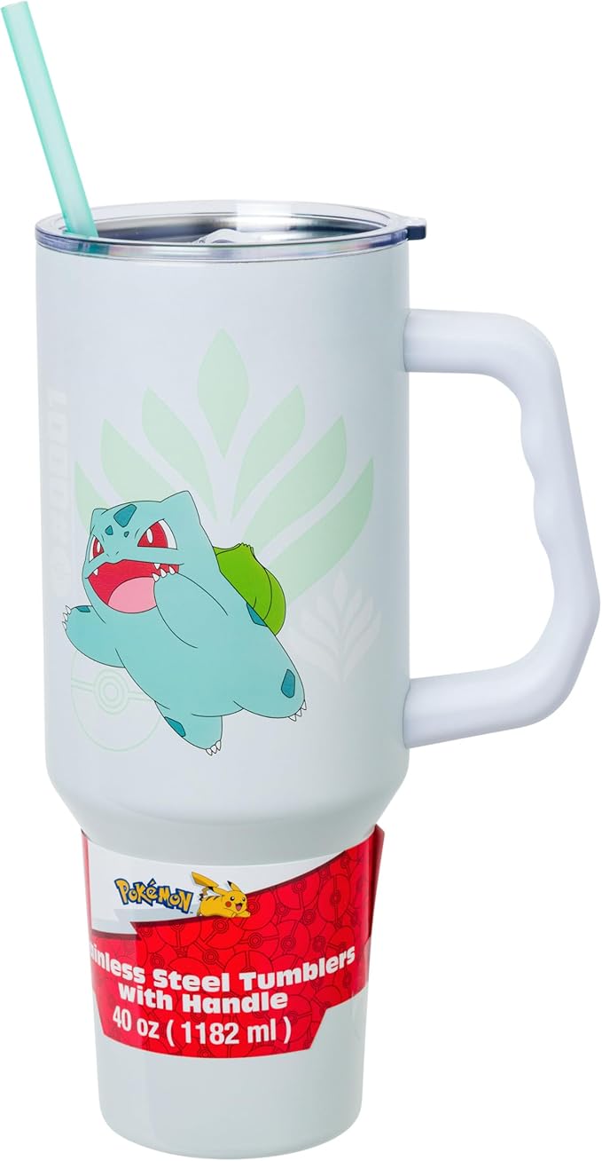 Silver Buffalo Pokémon Featuring Bulbasaur Double Walled Stainless Steel Tumbler with Handle and Straw, Fits in Standard Cup Holder, 40 Ounces
