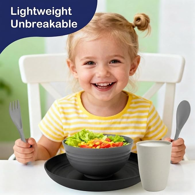 20 PCS Wheat Straw Plates and Bowls Sets,Kids Dishes Dinnerware Sets for 4,Unbreakable Kitchen Plates and Bowls Set for Travel Dishwasher & Microwave Safe Lightweight Dishes Set - BlackGrey