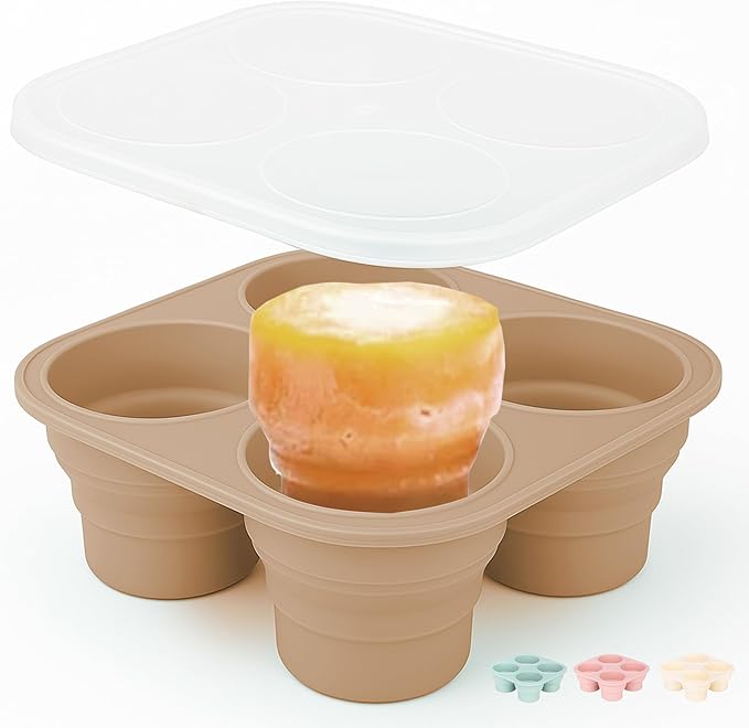 Silicone Freezer Tray with Lid - Stackable 2 oz Large Ice Cube Molds for Homemade Purees, Egg Bites, Broth Food Storage - Dishwasher Safe - CARAMEL
