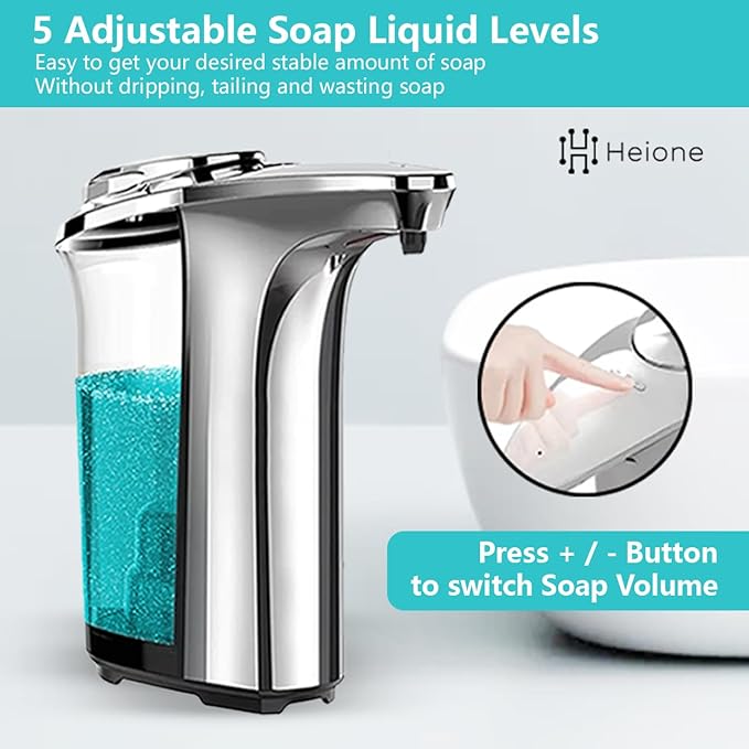 Automatic Soap Dispenser Touchless - Battery Operated Sensor Liquid Soap Pump for Kitchen Sink & Bathroom - Silver Glossy Color, 5 Adjustable Levels, IPX4 Waterproof, 17oz / 500ml