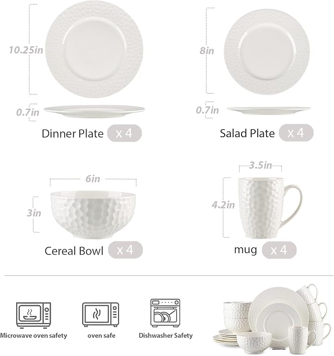 16-Piece Ceramic Dinnerware Set for 4, Water Cube Texture Dishes and Plates Sets, Includes Mugs, Plates and Bowls, Minimalist High-Temperature Reinforced Porcelain, White