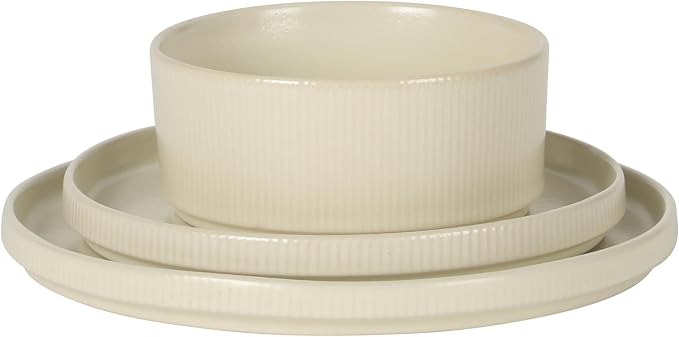 Gibson Elite Avant-Garde 12 Piece Stoneware Dinnerware Set for 4, Linen White Plates and Bowls Set with Reactive Glaze, Includes Dinner Plates, Salad Plates and Bowls