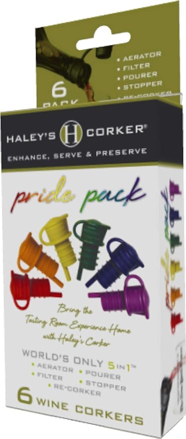 Haley's Corker Pride Pack 5-in-1 Wine Aerator, Stopper, Pourer, Filter and Re-Corker (6-Pack)
