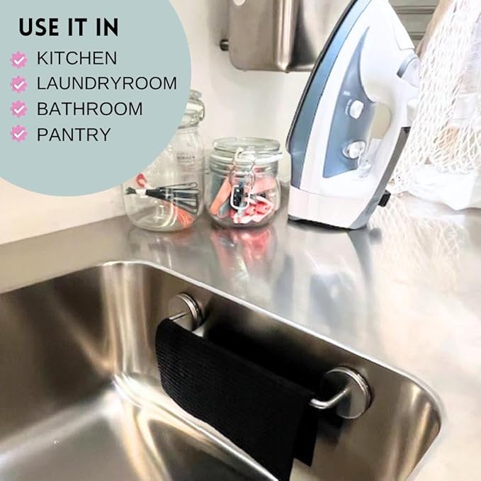 STEYDA Black Steel Dish Cloth Rail for Kitchen, Towel Holder for All Types of Sinks and Flat Smooth Surfaces