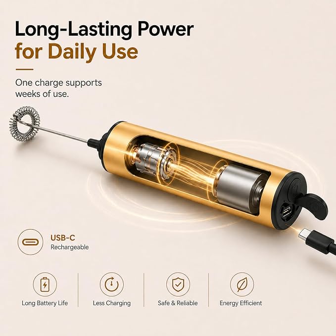 Rechargeable Milk Frother with Stand, Electric Whisks Foam Maker, POWERFUL USB C 2 Speed Handheld Drink Mixer for Coffee, Latte, Cappuccino, Matcha Drinks,Golden