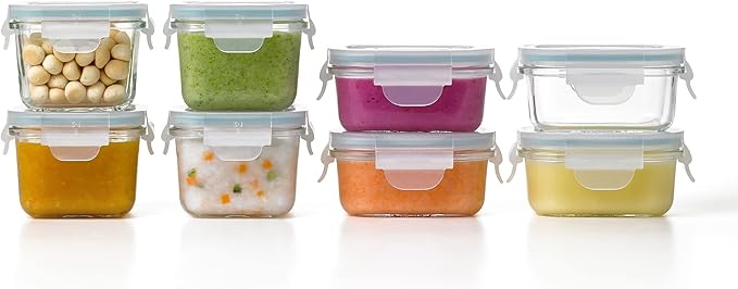 Glasslock Mini Reusable 5 Ounce Rectangular and 7 Ounce Square Tempered Glass Food Storage Container Set for Fridge and Freezer, 8 Piece Set