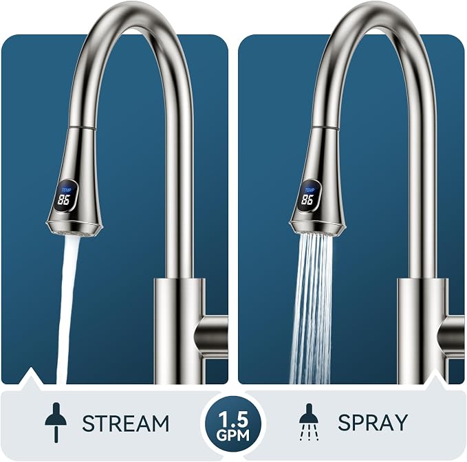 FORIOUS LED Kitchen Faucet with Pull Down Sprayer, Brushed Nickel, Single Handle Modern Stainless Steel Sink Faucet with Temperature Digital Display, Suitable for Farmhouse Camper Rv Bar