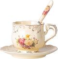 YOLIFE Tea Cup and Saucer Set, 8 oz Tea Cup Set, Teacup, Ceramic Tea Cup with Saucer Spoon, Ivory Vintage Flowering Shrubs with Gold Leaves Trim, Gifts for Women