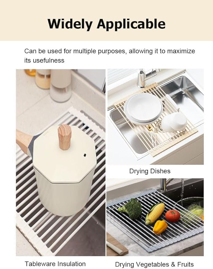 Roll Up Dish Drying Rack，Kitchen Silicone Wrapped Rolling Dish Drainer，Multipurpose Foldable Over The Sink Drying Mat, Heat-Resistant Anti-Slip Drainage Mat(Gray,43x33cm/16.9x13.0in)