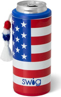 Swig Life Skinny Can Cooler, 12oz Insulated Slim Can Holder, Stainless Steel Cooler, Covers for Tall Beer Bottles, Beach Accessories for Women (All American)