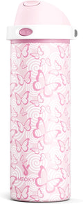 24 oz Insulated Water Bottle with Straw: Meoky Stainless Steel Metal Water Bottle with 2-in-1 Lid - Leak Proof, Cold for 24 Hours, Protective Silicone Base, BPA-Free for Sports Travel Car, Butterfly