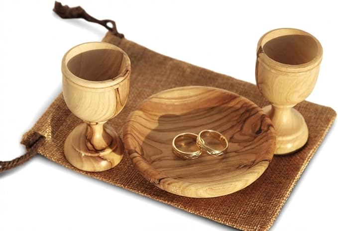 Christian Wedding Gifts – Olive Wood Communion Set Made in Bethlehem – 2 small Cups (3") & Bread Tray for Marriage Unity Ceremony – Authentic Holy Land Gift for Bride & Groom with Certificate