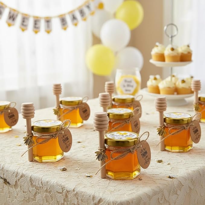 Adabocute Honey Pot, Mini Honey Jars with Dipper, Glass Honey Jars Baby Shower Favors, Party Favors & Wedding Favors, Gold Lid, Bee Pendants, Gold Organza Bags, 20 Pack 1.5oz