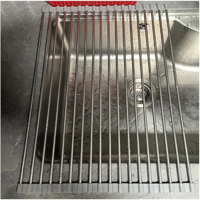 14.6/18.5 in Long Collapsible Over Sink Roll Up Dish Drying Rack for Kitchen Sink, Foldable Stainless Steel & Silicone Dish Drainer(Gray,47x35.5cm/18.5x14.0in)